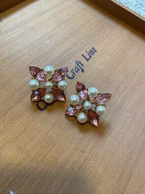 Vintage Napier Pink Crystal & Pearl Flower Screw back Earrings-Mid Century